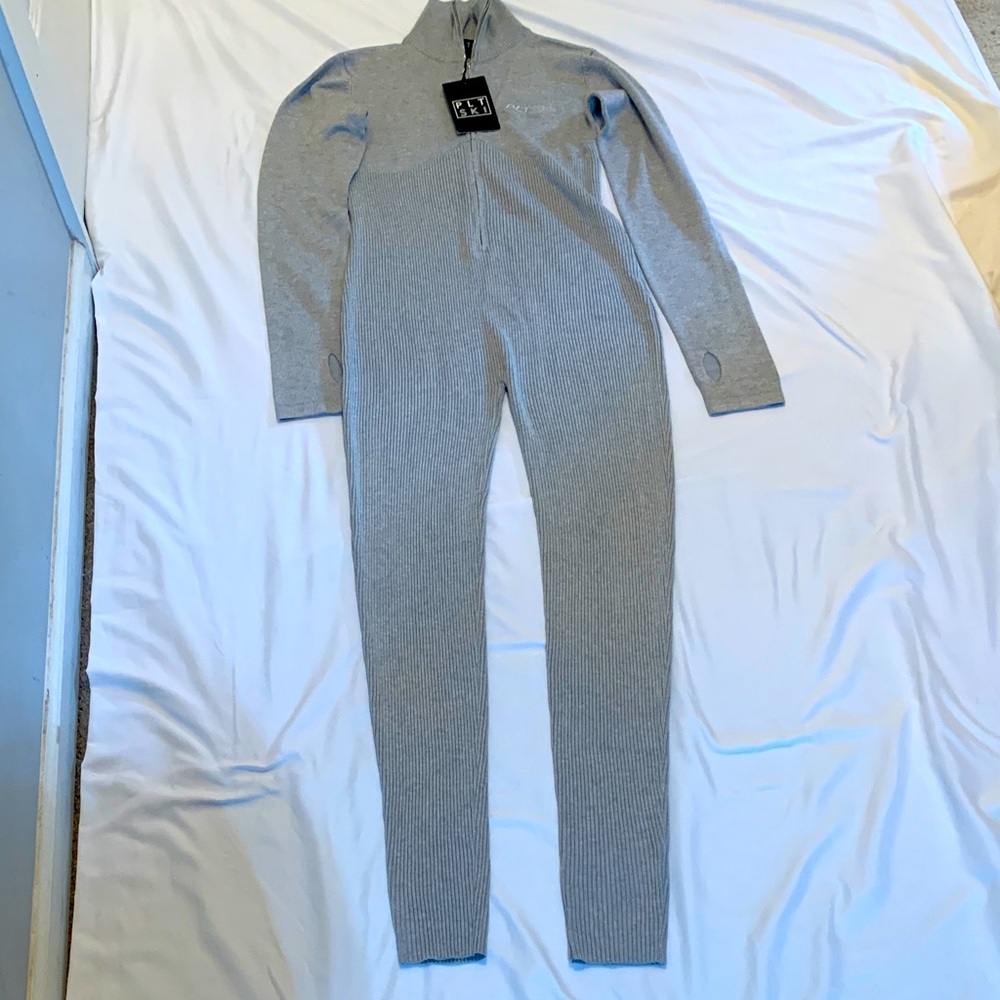 PLT SKI Gray Ribbed Full-Length Jumpsuit
